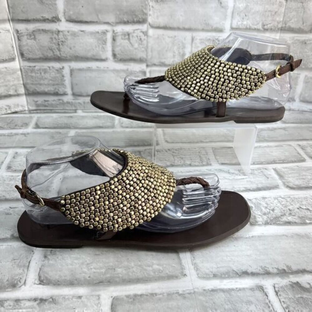 BCBG Generation Women's 8.5 Brown Leather Gold Studded Thong Ankle Strap Sandals